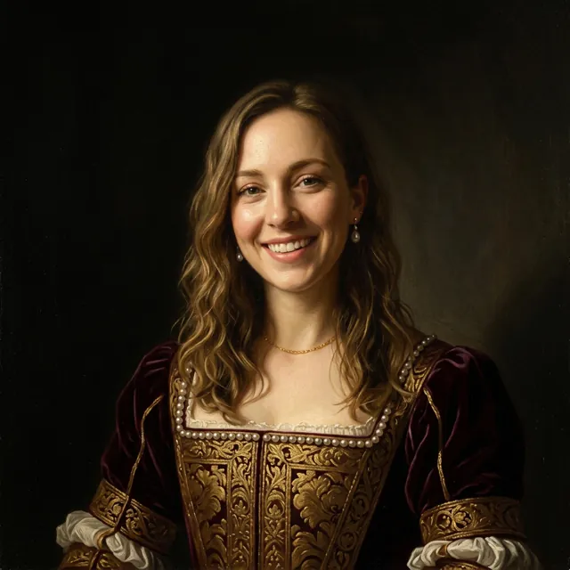 The woman as a Renaissance portrait in a velvet gown