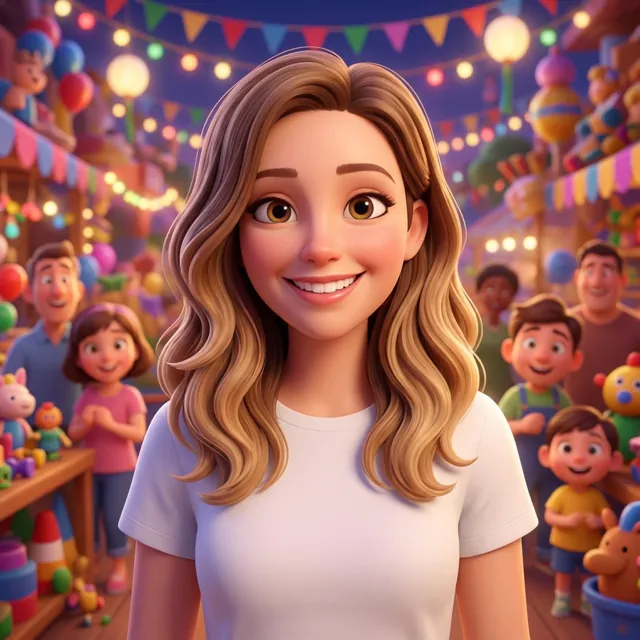 The woman as a 3D cartoon character at a colorful fair