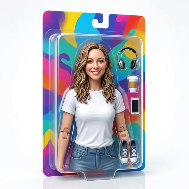 The woman as an action figure sealed in a colorful toy package