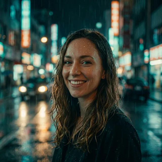 A moody movie-still portrait of the woman on a rainy street at night