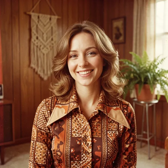 The woman in a 1970s outfit in a wood-paneled room