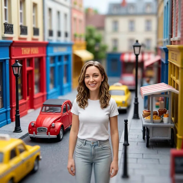 The woman as a tiny figure in a miniature town street