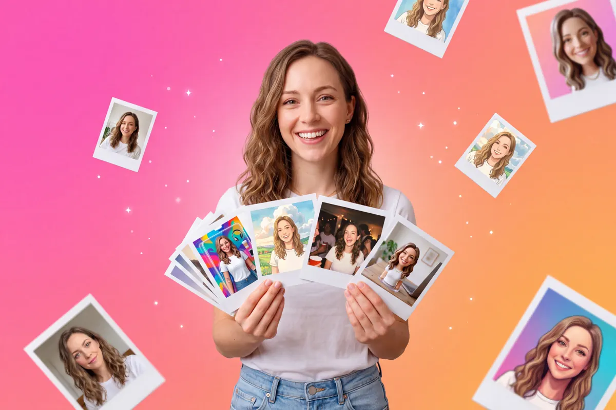 A smiling woman holding a fan of Polaroid prints that show her as an action figure, a cartoon and a desk figurine