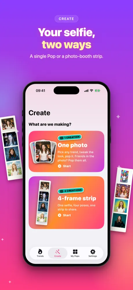 Create tab: choose a single Pop or a four-frame photo booth strip