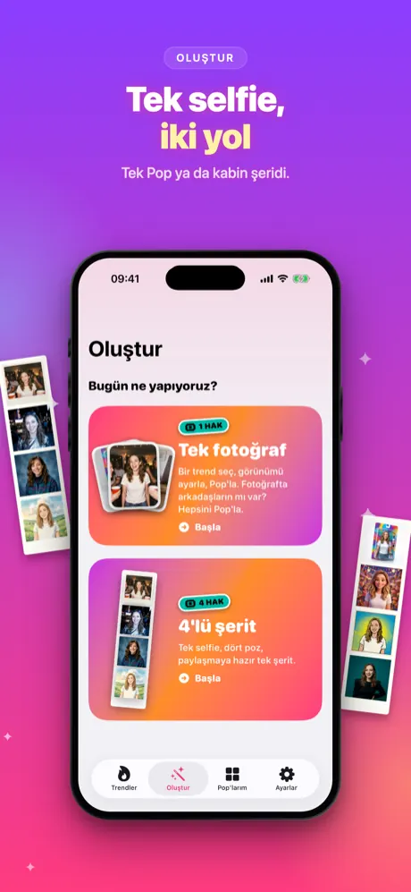 Oluştur sekmesi: tek Pop ya da dört kareli kabin şeridi